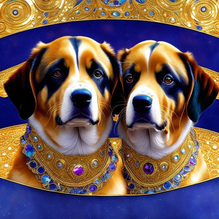 Regal dogs with striking markings and ornate golden collars on blue and gold backdrop