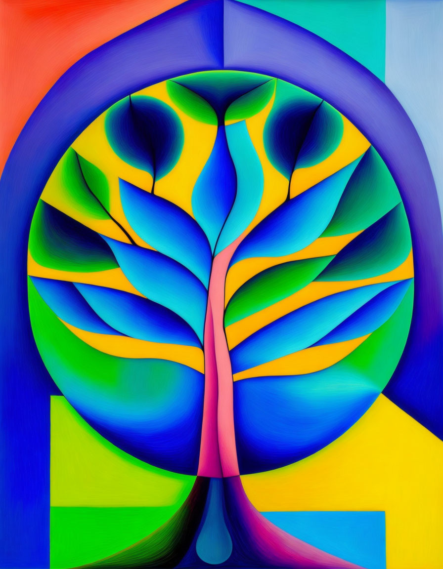 Colorful Stylized Tree Digital Painting in Bold Blues, Greens, and Yellows