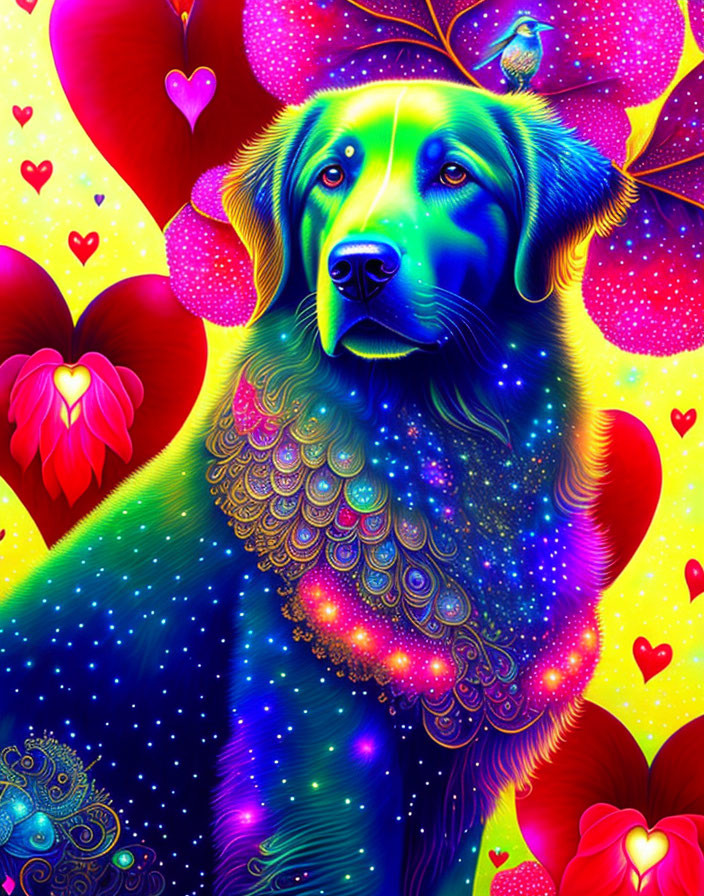 Colorful Dog Illustration with Heart Motifs and Psychedelic Patterns