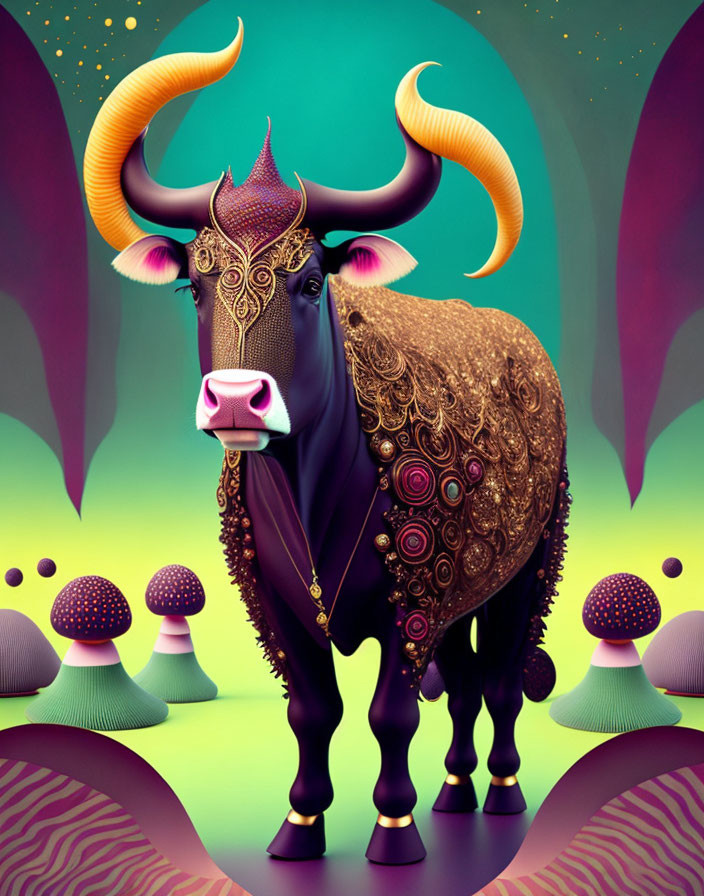 Colorful Stylized Bull with Golden Patterns in Psychedelic Landscape