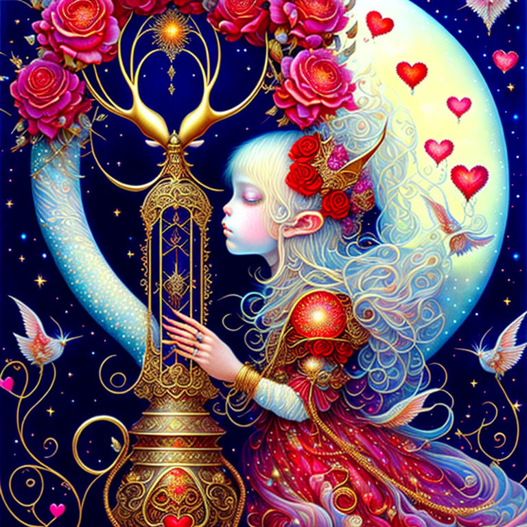 Illustration of girl with elven ears holding lantern surrounded by roses, hearts, and birds under cres