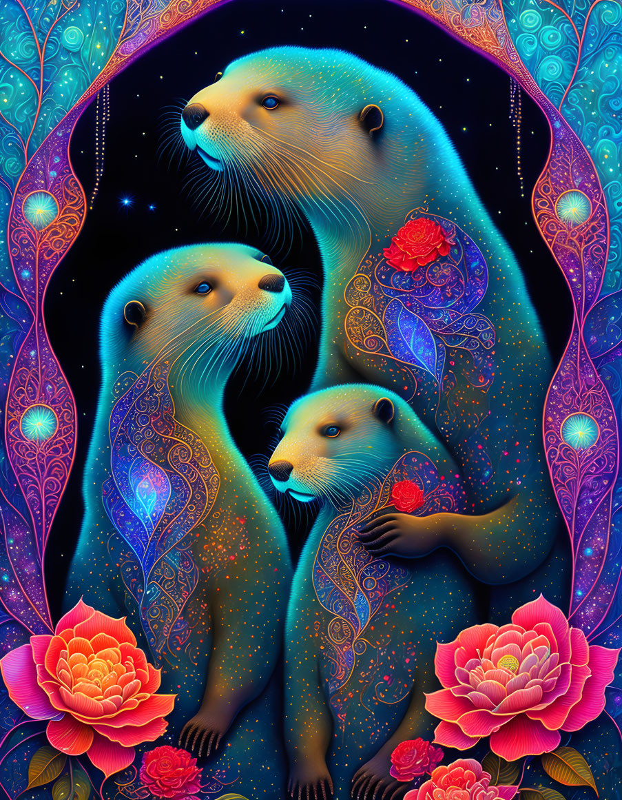 Ethereal otters in vibrant artwork with floral and geometric patterns