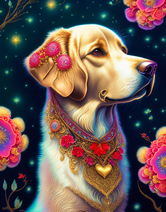 Illustrated golden dog with pink flowers and red/gold necklace on starry night sky.