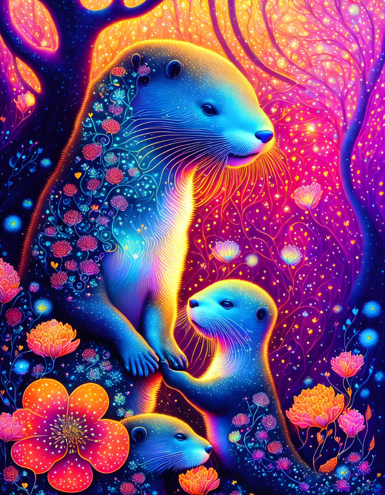 Colorful Stylized Otters Among Flora in Neon Palette