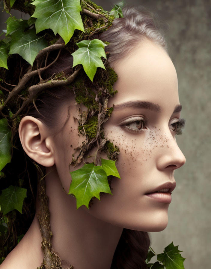 Woman's side profile with nature elements symbolizing natural harmony