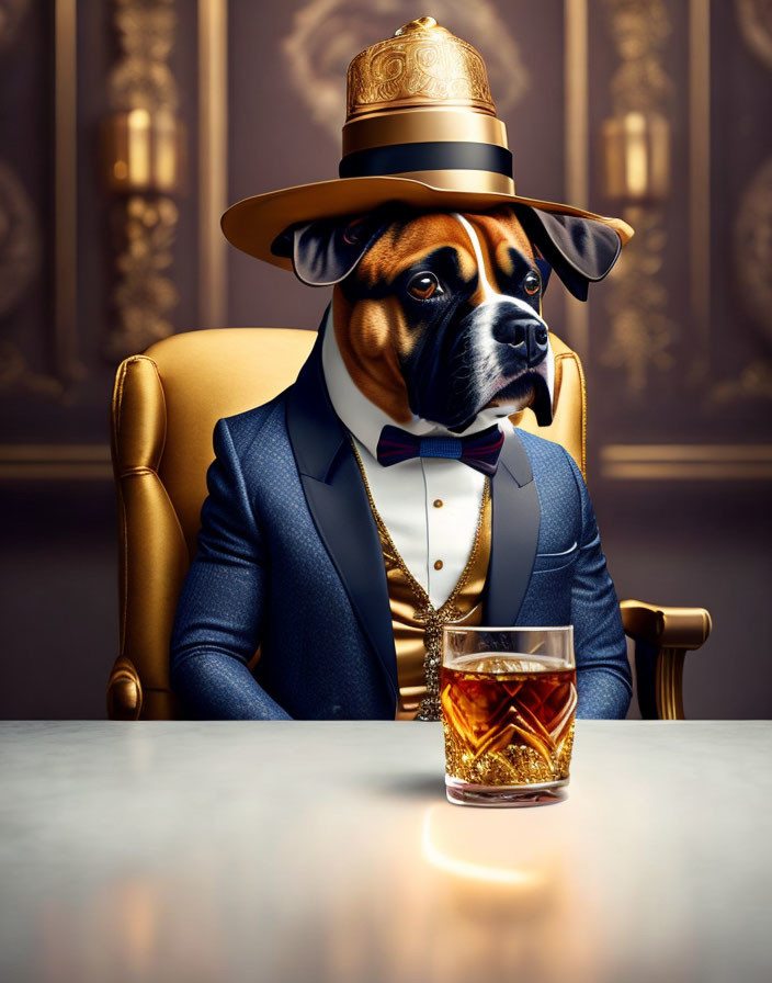 Sophisticated anthropomorphic bulldog in suit, tie, and fedora with whiskey glass