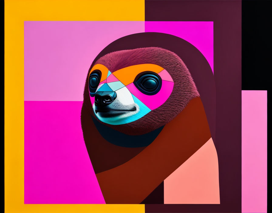 Vibrant geometric sloth art in pink, orange, and black