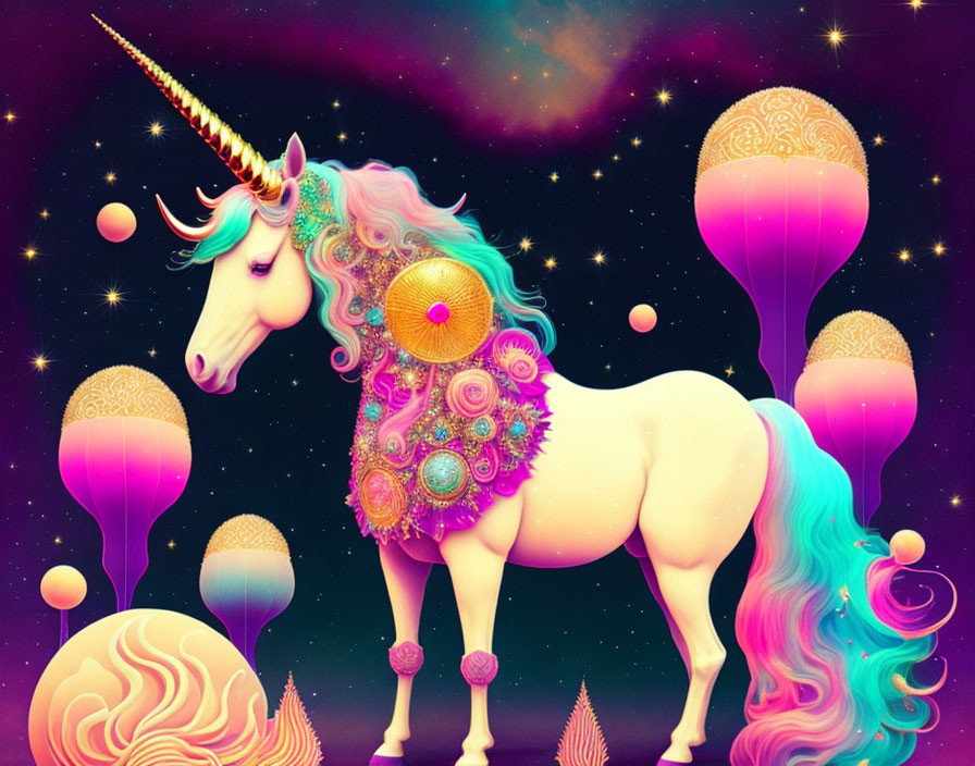 Whimsical unicorn illustration with colorful cosmic backdrop