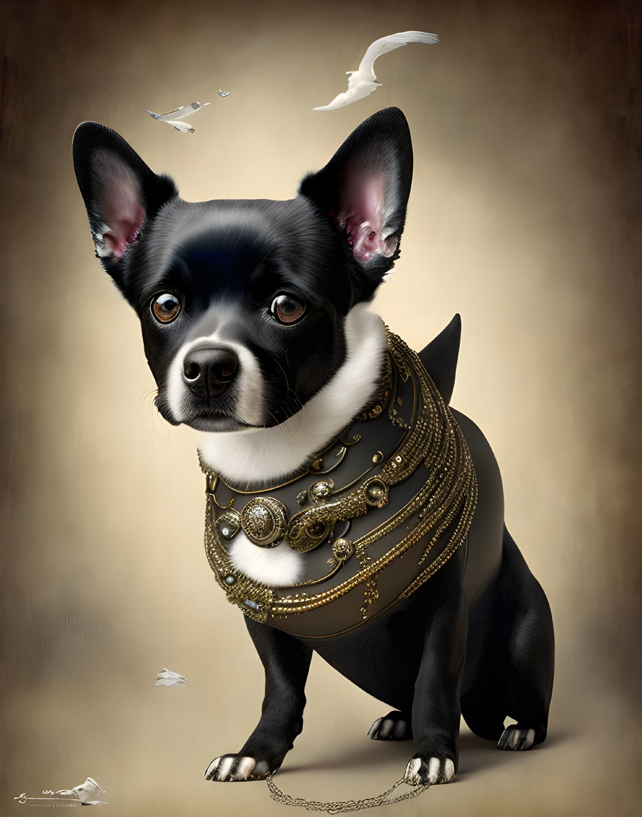 Illustrated black dog with large ears and gold collar on beige background with flying doves