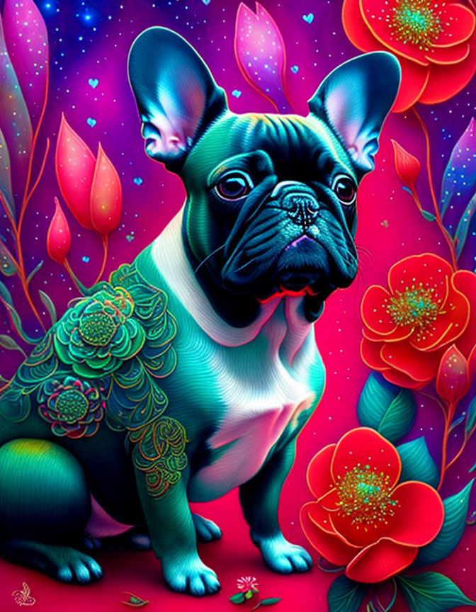 Colorful French Bulldog surrounded by neon flowers on magenta background