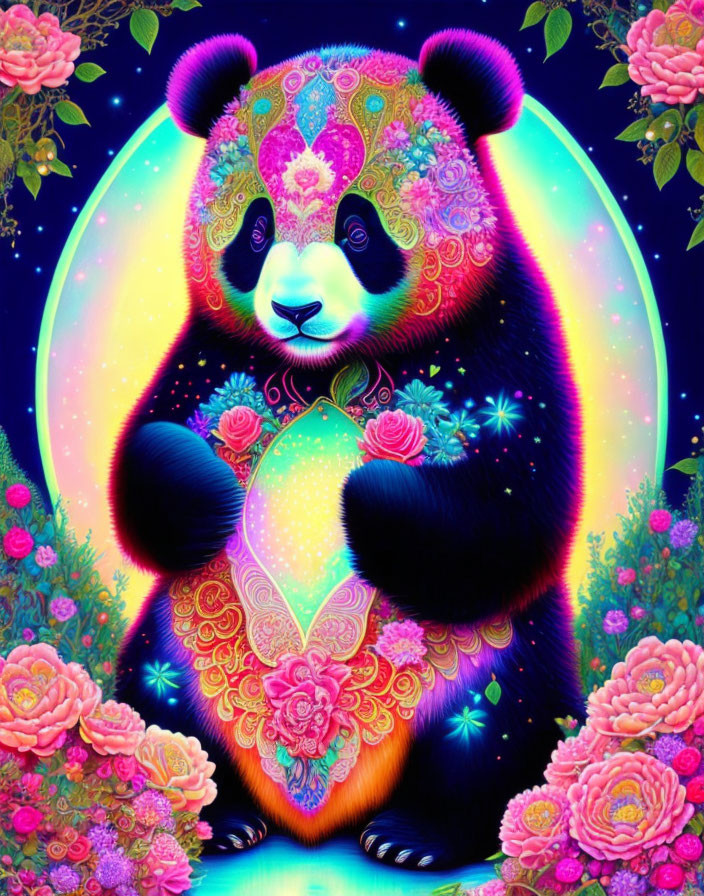 Colorful Panda Illustration with Ornate Patterns, Heart, Flowers, and Halo