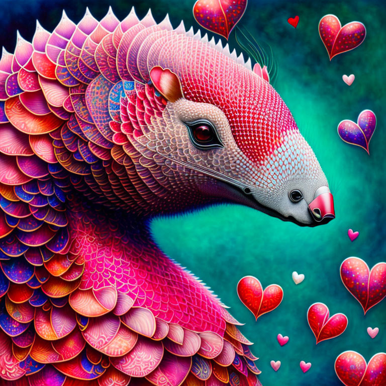 Colorful Armadillo Illustration Surrounded by Hearts on Teal Background