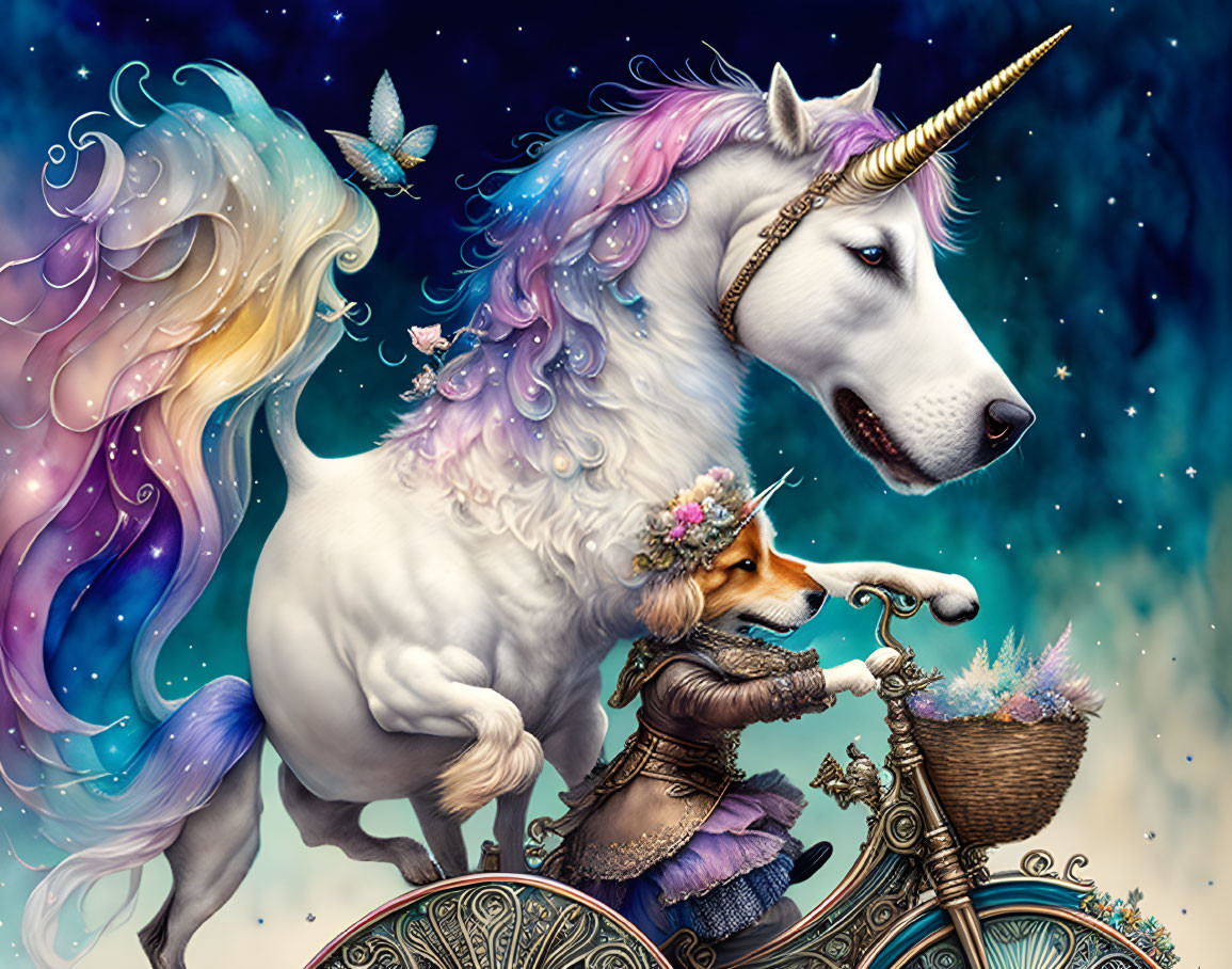 White unicorn with rainbow mane and corgi in jester outfit on ornate bicycle under starry