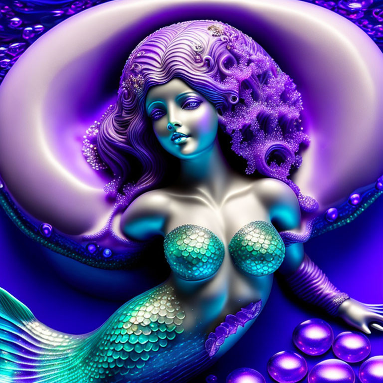 Vibrant Mermaid Artwork with Purple Hair and Green Tail on Fractal Background