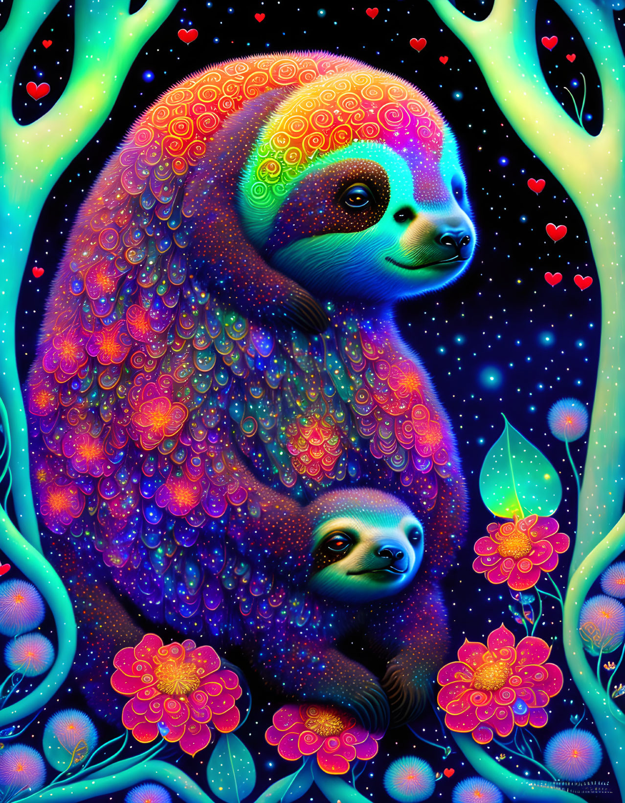 Colorful Cosmic Illustration: Two Patterned Sloths in Neon Floral Scene