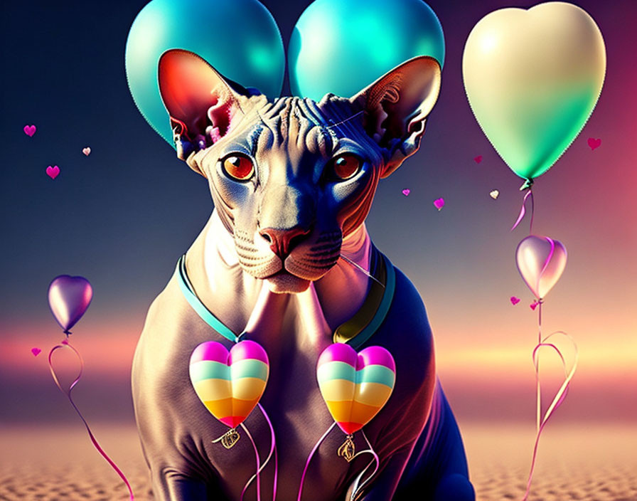 Stylized Sphynx Cat with Blue Ears, Rainbow Collar, Heart Ballo