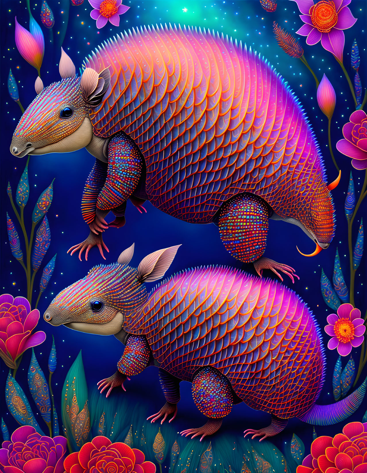 Colorful Armadillos Among Exotic Plants and Stars