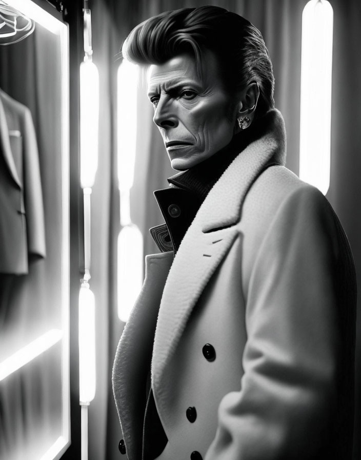 Stylish monochrome portrait with striking hairstyle and intense gaze in peacoat.