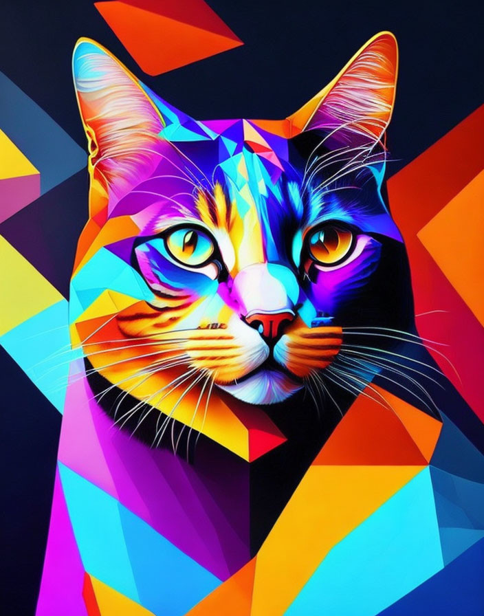 Colorful Geometric Cat Illustration with Multicolored Fusion