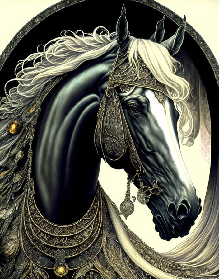 Illustrated black horse with golden tack and jewelry on dark background