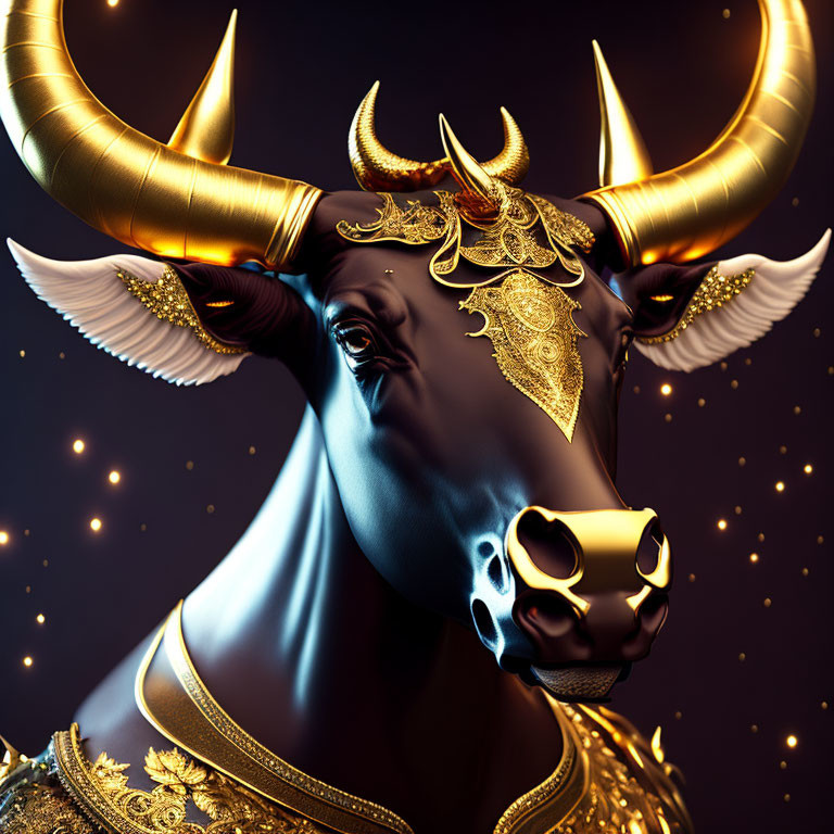 Majestic bull with golden horns in ornate decor on starry backdrop