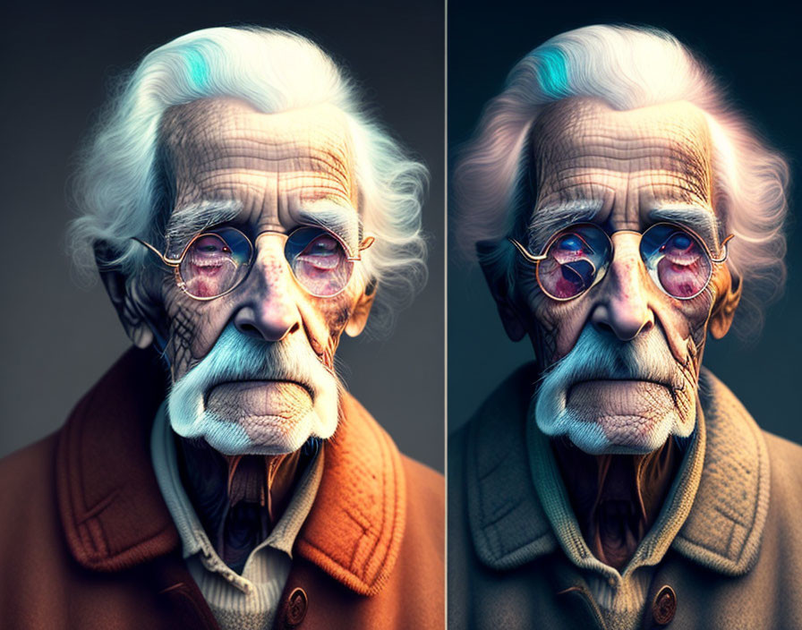 Elderly Man Portraits: White Mustache, Round Glasses, Reflective Expression