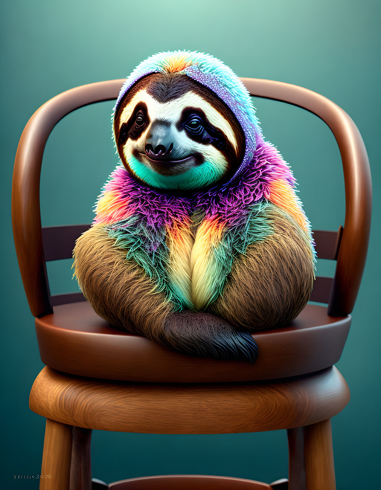 Colorful Digital Artwork: Sloth in Rainbow Hoodie on Wooden Chair