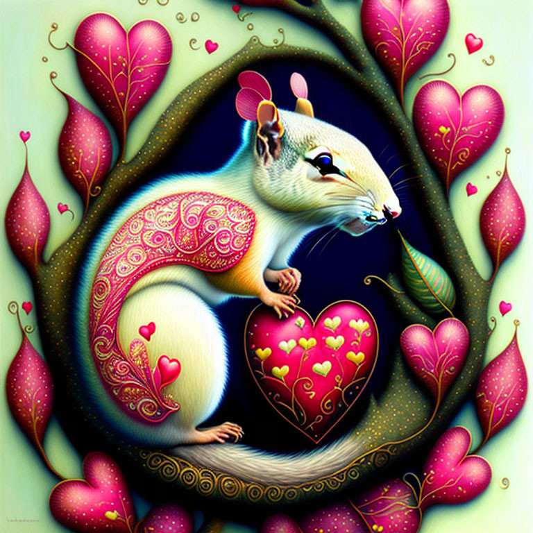 Stylized squirrel surrounded by heart motifs and plants