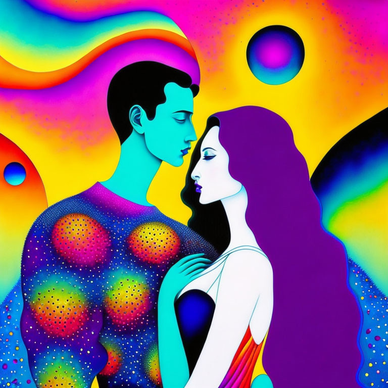 Colorful illustration of man and woman embracing with vibrant psychedelic background