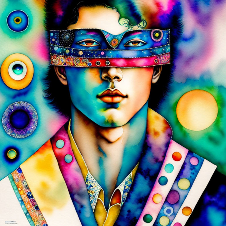 Colorful Psychedelic Portrait with Decorated Blindfold & Swirling Patterns