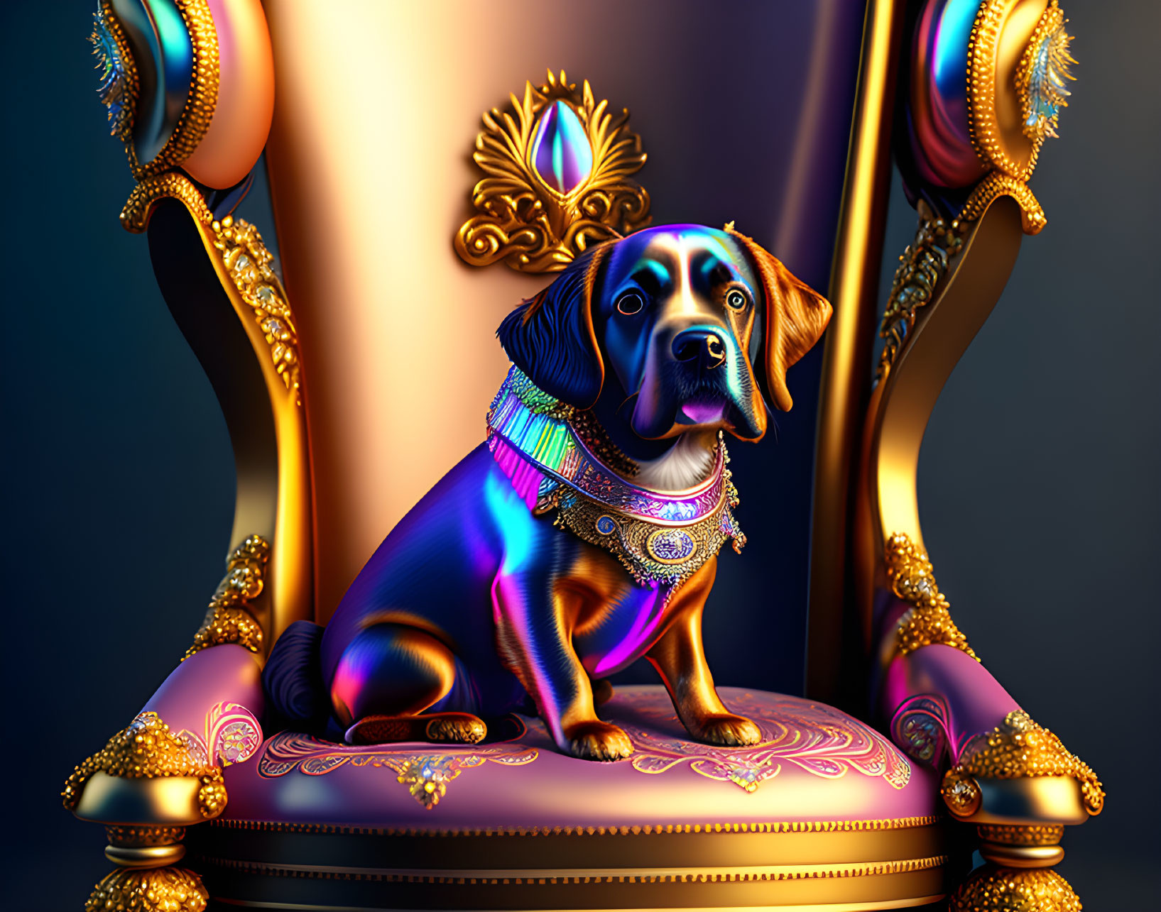 Regal Dog on Golden Throne with Colorful Jewelry