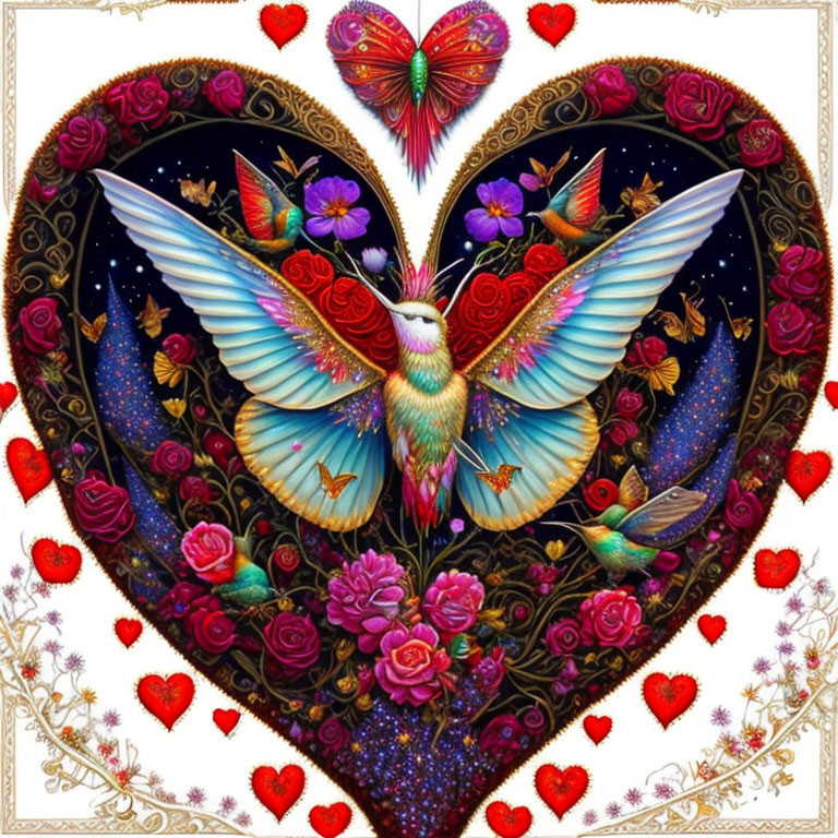 Vibrant heart-shaped illustration with bird, flowers, and butterfly accents