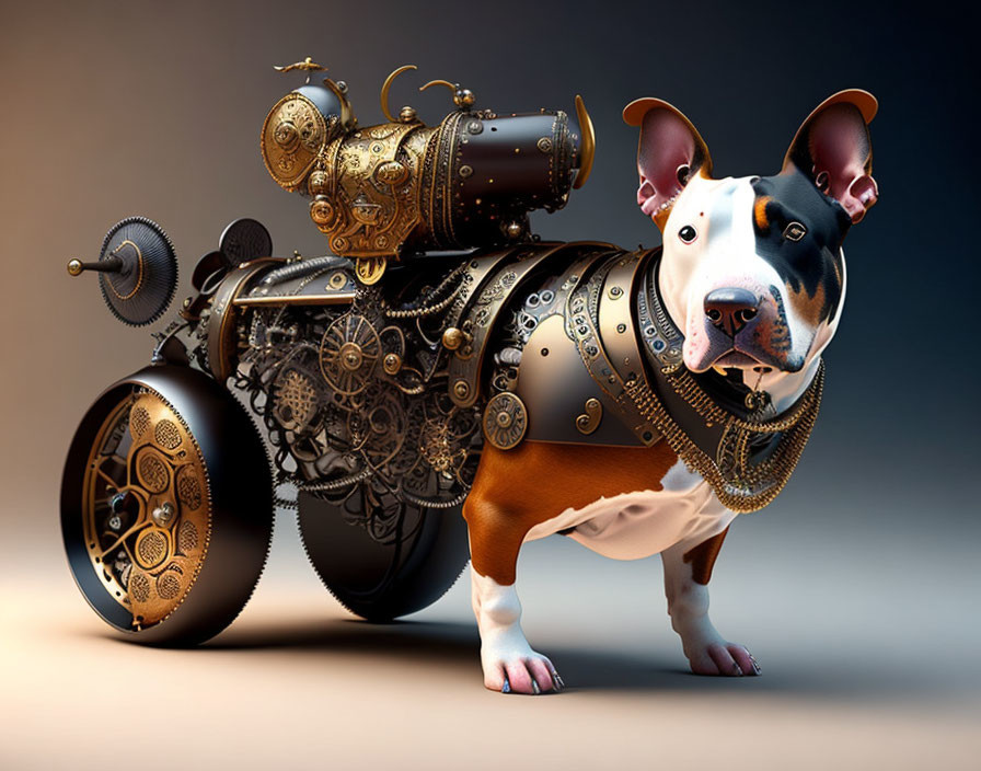 Surreal image: Dog transformed into steampunk machine