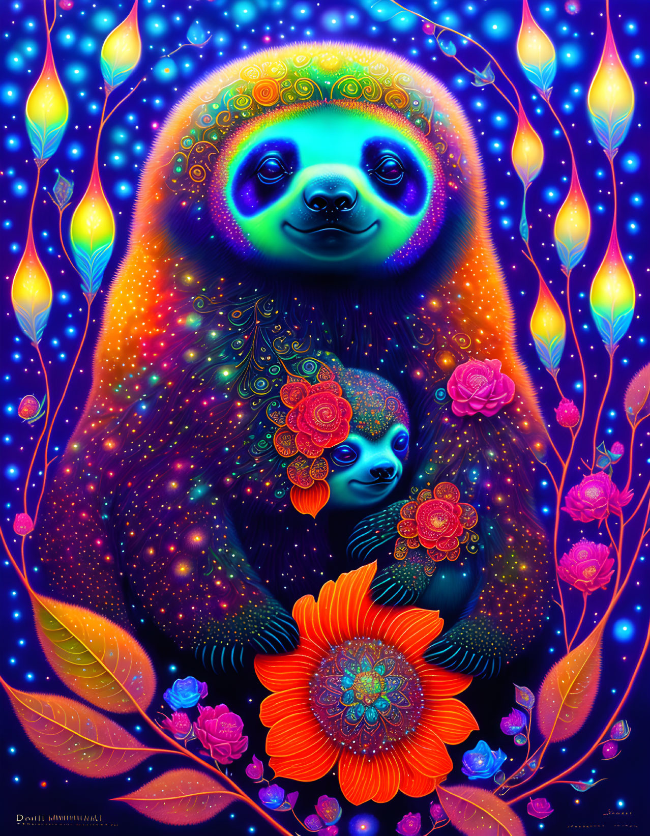 Colorful cosmic sloths in luminous botanical setting on dark blue background