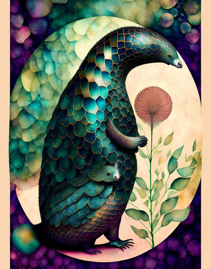 Vibrant adult and baby pangolin illustration with colorful circles and plant motifs