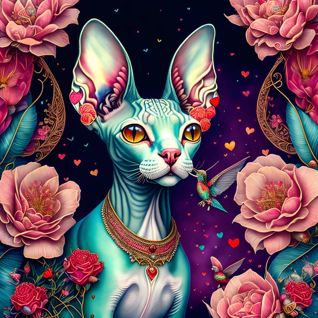 Stylized sphynx cat with large ears, pink roses, and hummingbird on dark floral