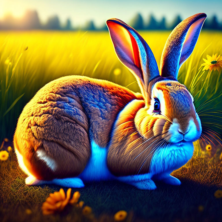 Vibrant rabbit illustration in colorful sunset field