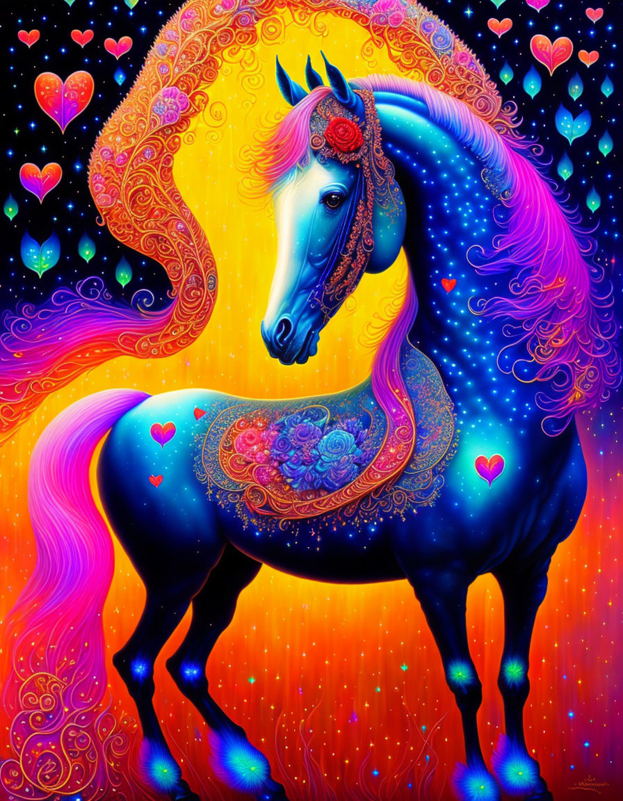 Colorful mythical horse art with pink and purple mane and heart motifs on a rainbow background.