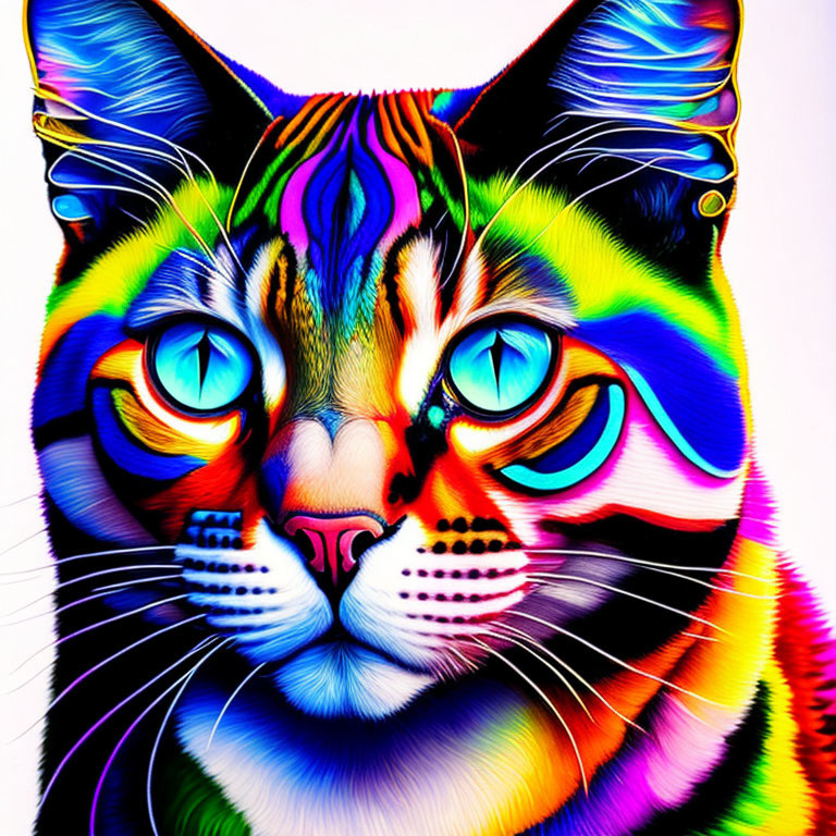 Colorful Psychedelic Digital Art: Cat with Rainbow Fur & Blue Eyes