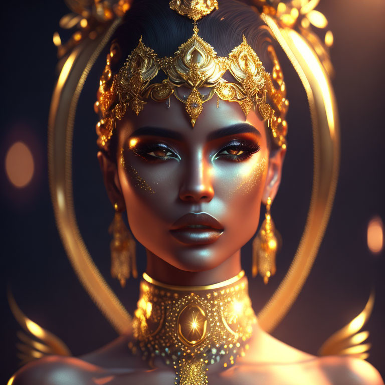 Digital artwork featuring woman in golden jewelry and intricate headdress on dark background