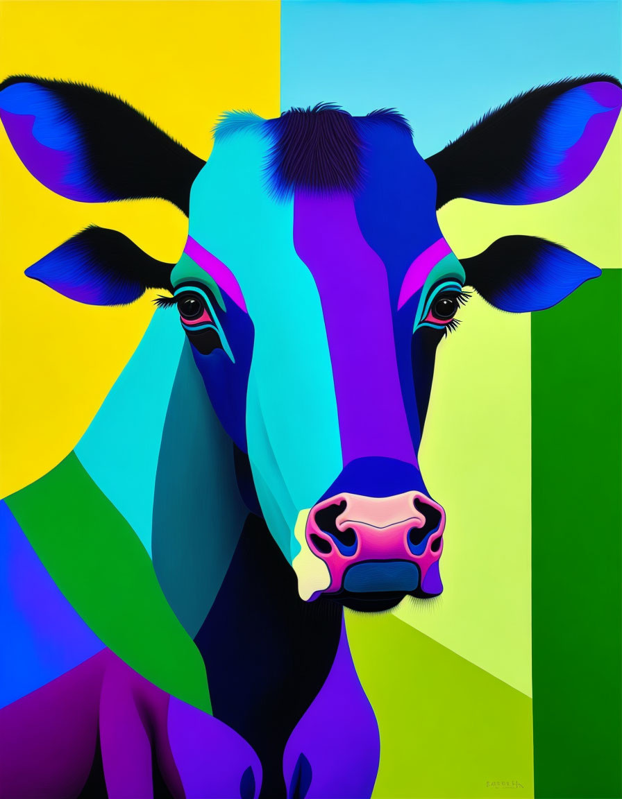 Vivid geometric cow portrait in blue, yellow, and green