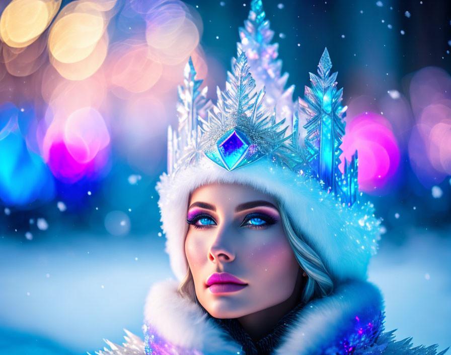 Person in Ice Crown & Winter Attire with Bokeh Lights Background