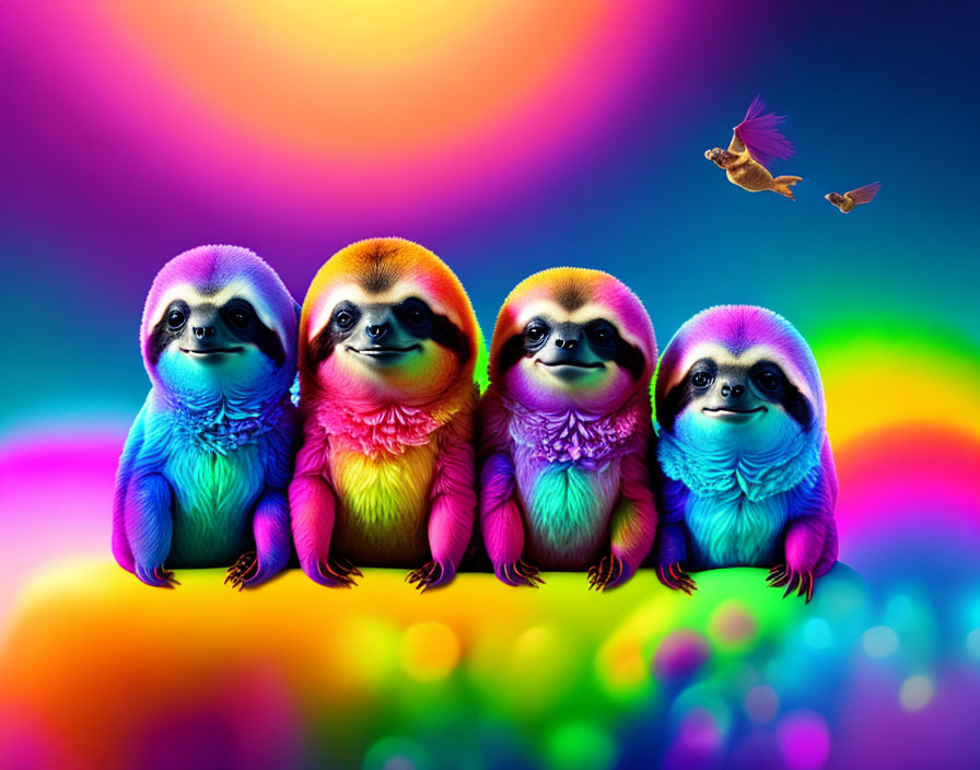 Colorful Cartoon Sloths in Row with Rainbow Background and Flying Fish