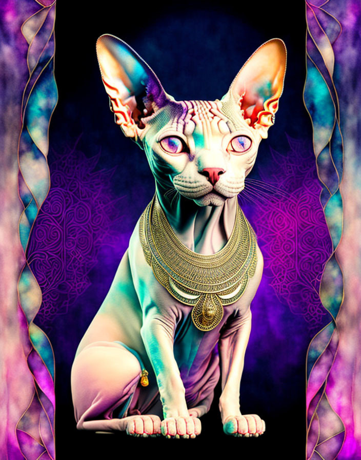 Stylized Sphynx Cat with Golden Necklace on Vibrant Background