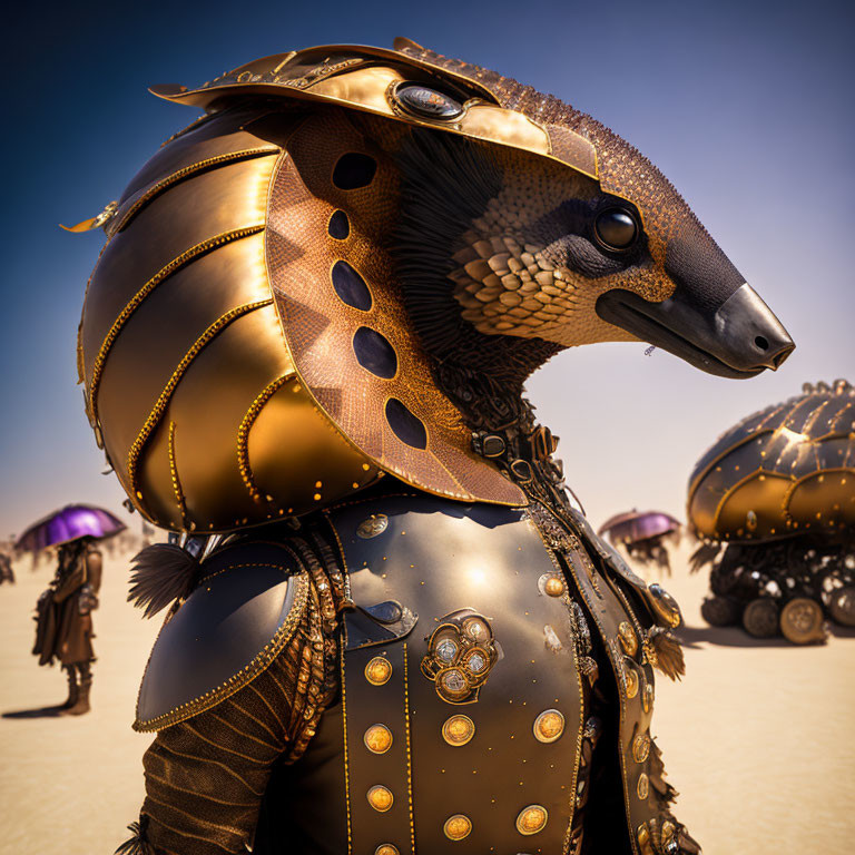 Armored individuals in ornate costumes in desert landscape