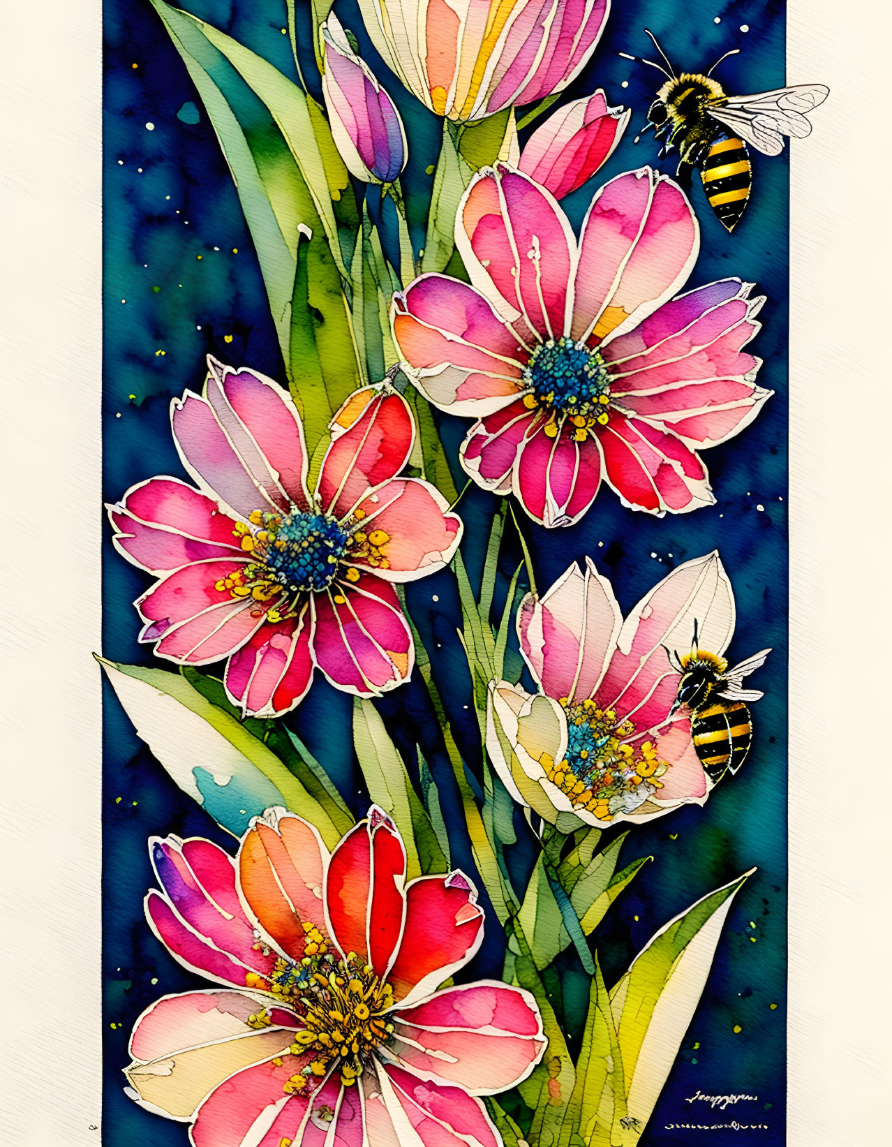 Vibrant pink flowers and bee in watercolor against dark blue background