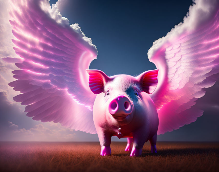 Smiling pig with angelic wings on grass under dramatic sky