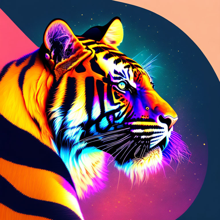 Colorful Tiger Profile Artwork with Cosmic Background