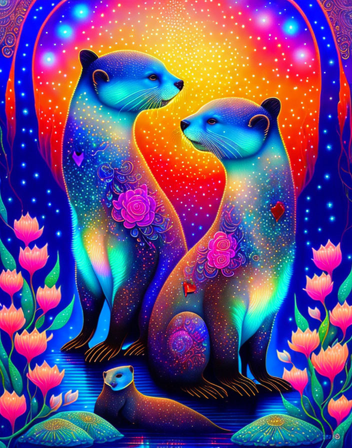 Colorful Otter Artwork with Cosmic Background and Pink Flowers