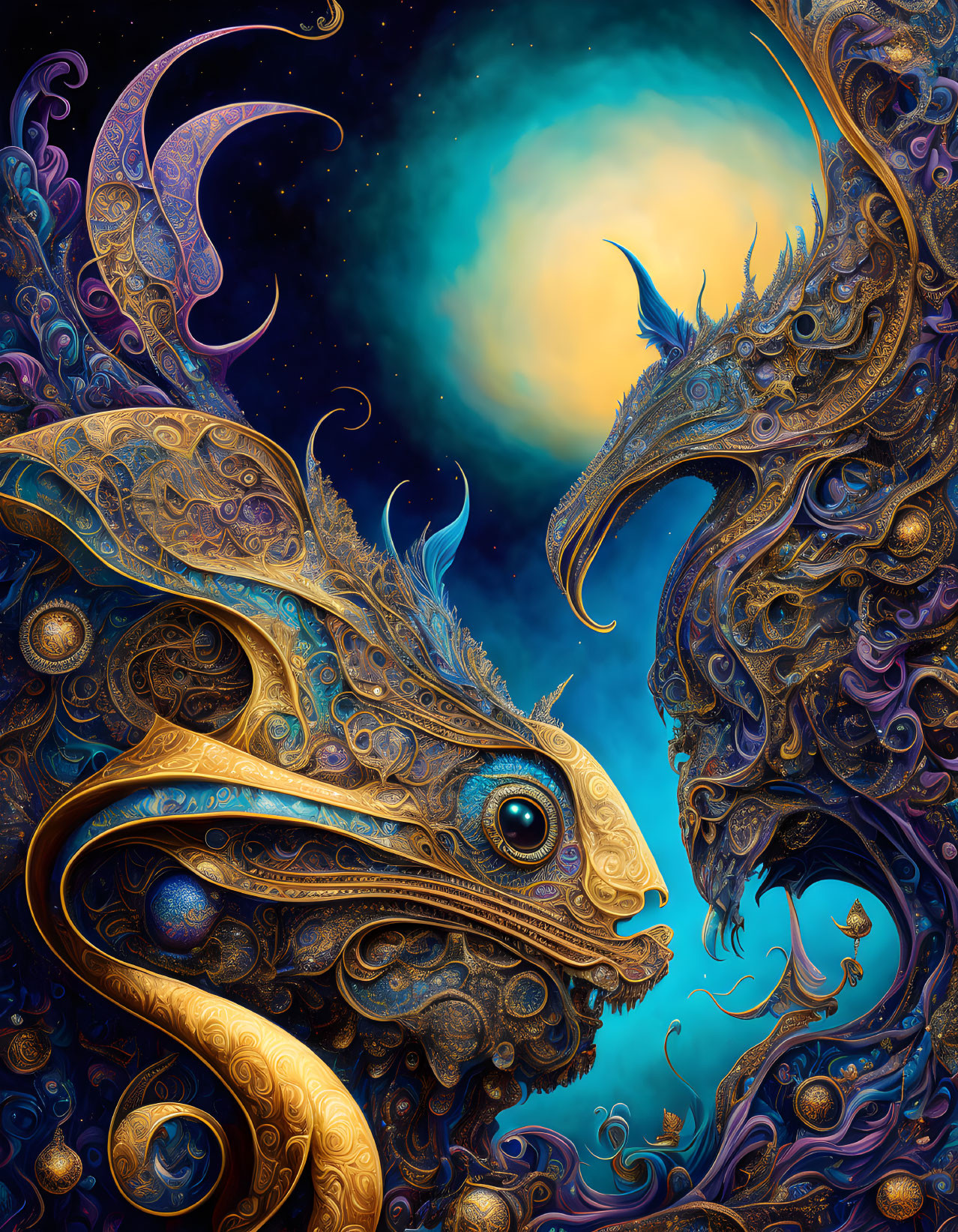 Mechanical dragons in ornate design duel in cosmic setting with golden and blue patterns.